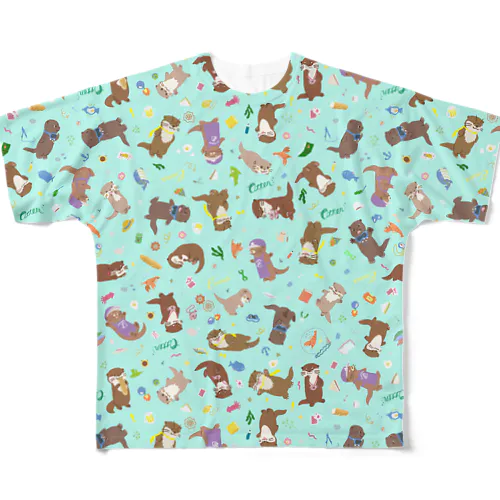 カワウソいっぱいパターン　水色 All-Over Print T-Shirt