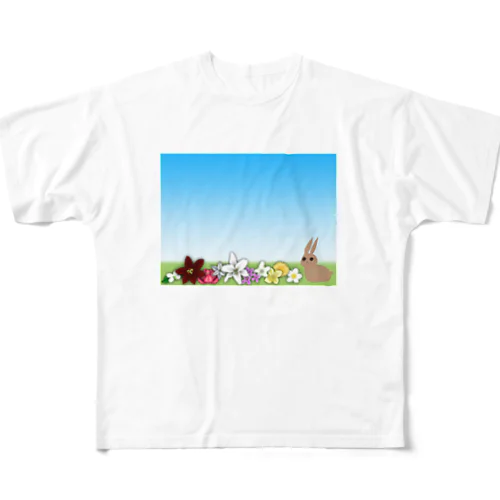 うさぎと花 All-Over Print T-Shirt