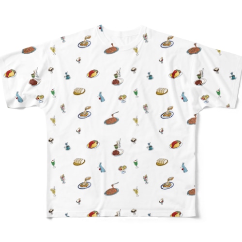 純喫茶ブルーラビット　総柄モチーフ All-Over Print T-Shirt