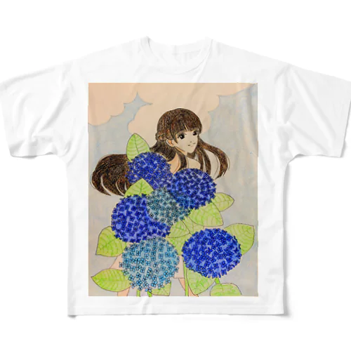 紫陽花(青紫)　花言葉:神秘的、知的、辛抱強い愛 All-Over Print T-Shirt