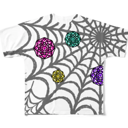 蜘蛛の巣と宝石 フルグラフィックTシャツ