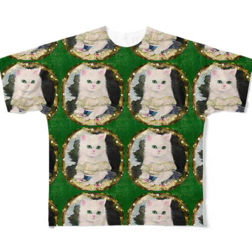 ドレスを着た白い子猫のアンティーク風肖像画 All-Over Print T-Shirt