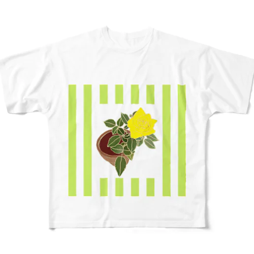 ミニバラ（黄）ストライプ柄　Miniature Yellow Rose in green stripes フルグラフィックTシャツ