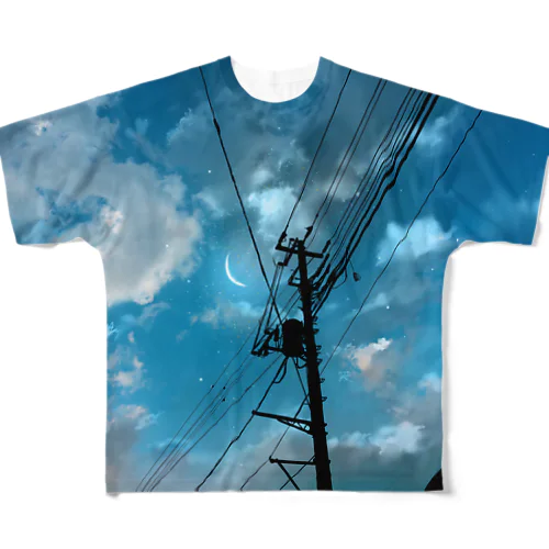 夜空に浮かぶ雲と月光と電信柱のシルエット フルグラフィックTシャツ
