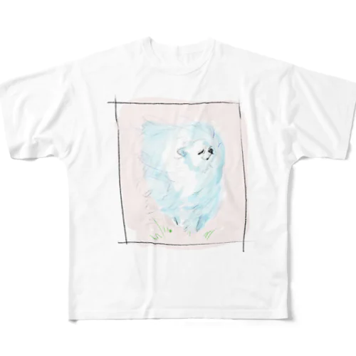 風に吹かれる青いポメラニアン All-Over Print T-Shirt