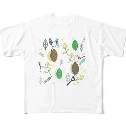 森と菜の花とシマエナガ(白) All-Over Print T-Shirt