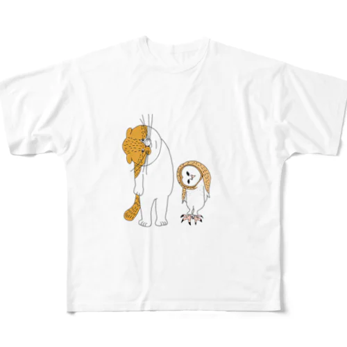 ネコとメンフクロウ フルグラフィックTシャツ