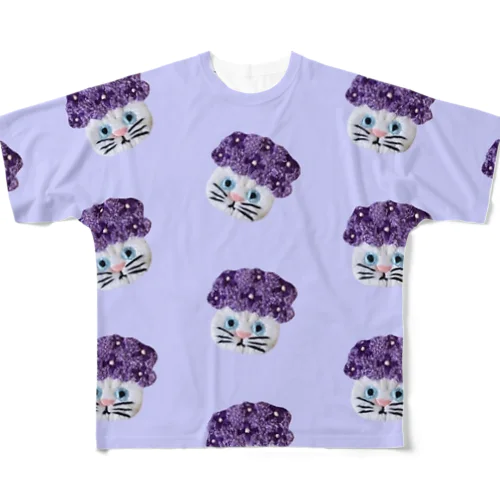 かぶる猫[紫陽花(紫)ver.](白猫) All-Over Print T-Shirt