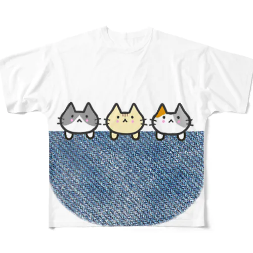 ひょっこり大きめポケットにゃ(デニム) フルグラフィックTシャツ