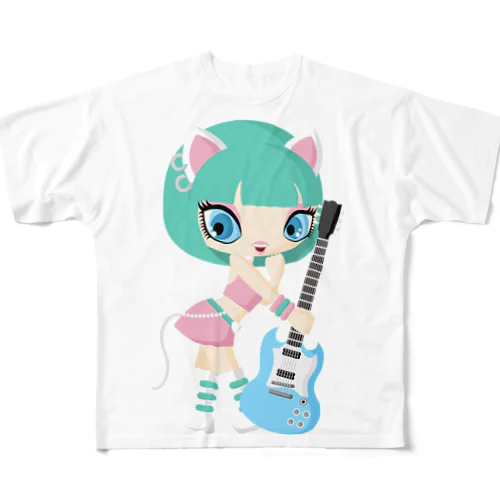 CAT GUITAR GIRL フルグラフィックTシャツ