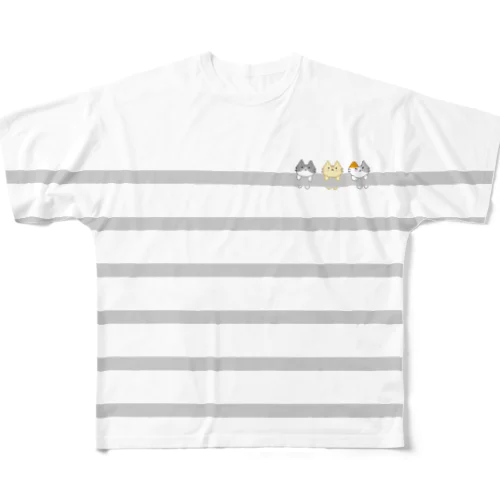 ぶら下がりボーダーにゃ(細グレー-上白) All-Over Print T-Shirt