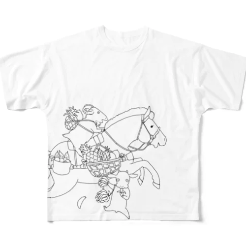 馬とヤギ、南国フルーツを収穫(線画Ｖｅｒ) All-Over Print T-Shirt