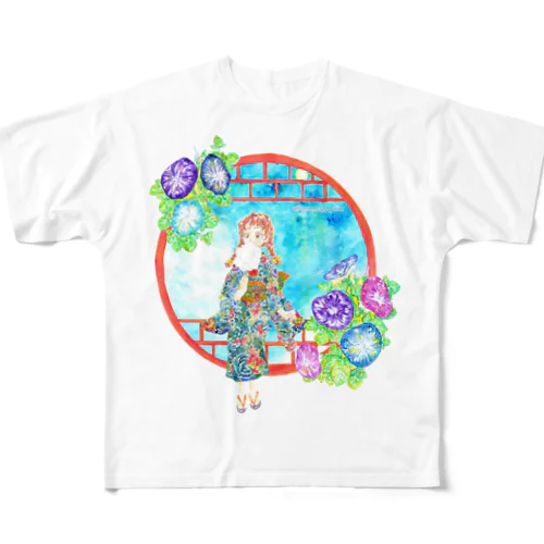 「窓際の夏」青空・朝顔縁・浴衣の女の子 フルグラフィックTシャツ