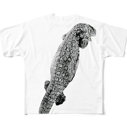 サバモニ抱っこ水彩画風Tシャツ(モノクロ) フルグラフィックTシャツ