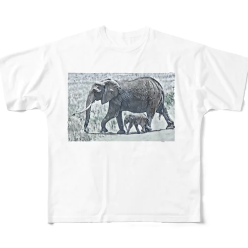 象の親子 フルグラフィックTシャツ