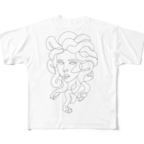 メデューサ顔肖像画ヘビ髪の毛 フルグラフィックTシャツ