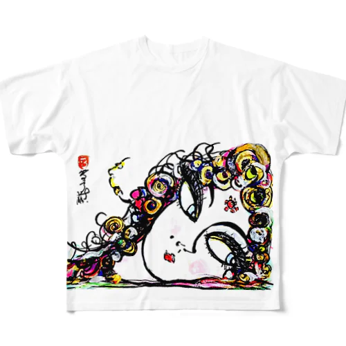 パティオ イカウイィ氏 直筆デザイン画　amo akua　スピ公認 All-Over Print T-Shirt