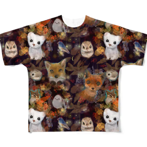 夜の森のかわいい動物たち All-Over Print T-Shirt