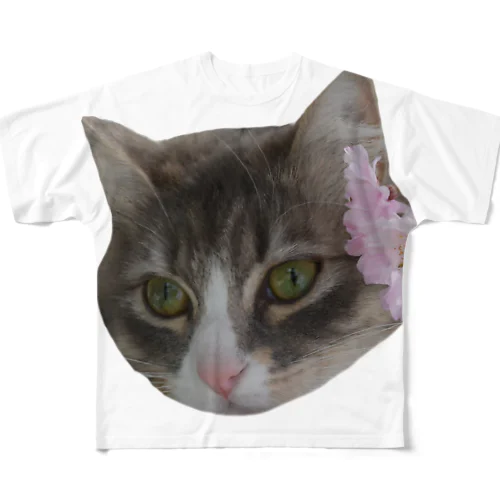 猫のごまめちゃんと花 フルグラフィックTシャツ