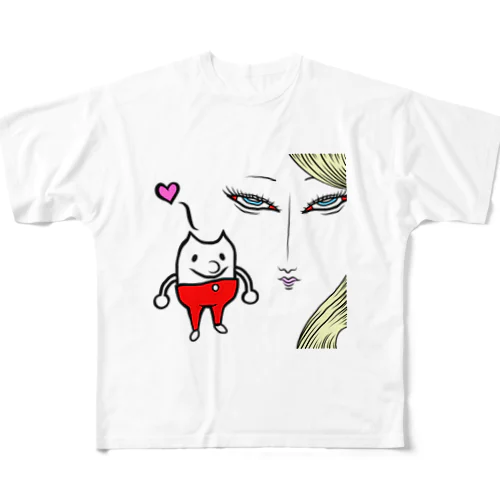 猫と美女 フルグラフィックTシャツ