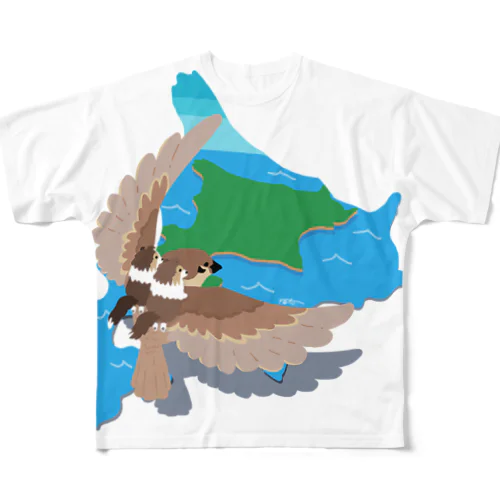 シェルティ2匹＆スズメ×北海道 フルグラフィックTシャツ