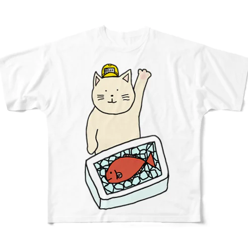 魚市場ねこ フルグラフィックTシャツ