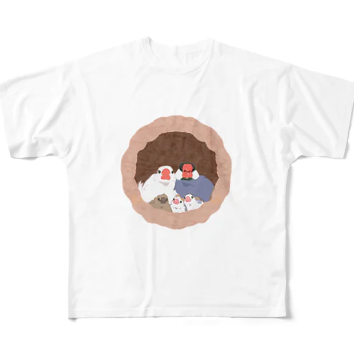 文鳥一家のどこでも壷巣！住み着くシリーズ フルグラフィックTシャツ