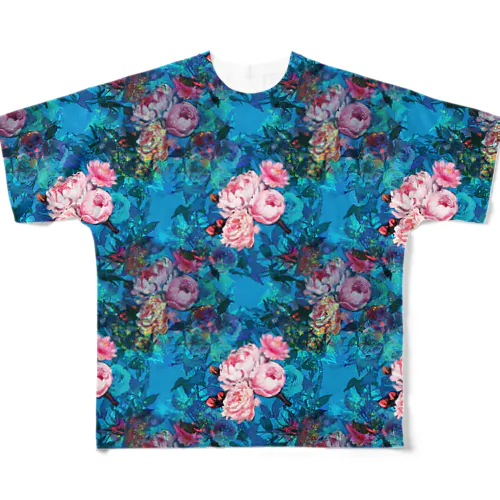 薔薇、芍薬、牡丹のボタニカルブーケと螺鈿模様の壁紙イラスト フルグラフィックTシャツ