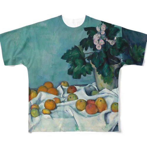 ポール・セザンヌ　/　リンゴとプリムローズのポットのある静物　Still Life with Apples and a Pot of Primroses ca. 1890 フルグラフィックTシャツ