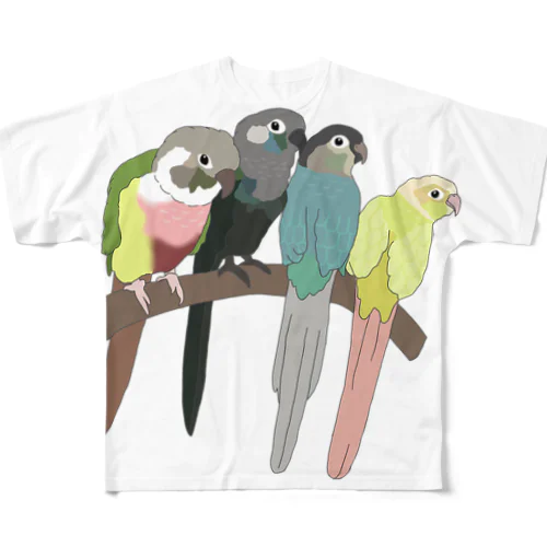 寄り添う　ウロコインコ　 フルグラフィックTシャツ