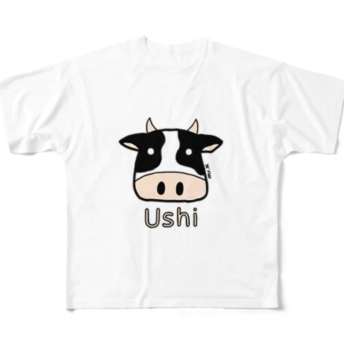 Ushi (牛) 色デザイン フルグラフィックTシャツ