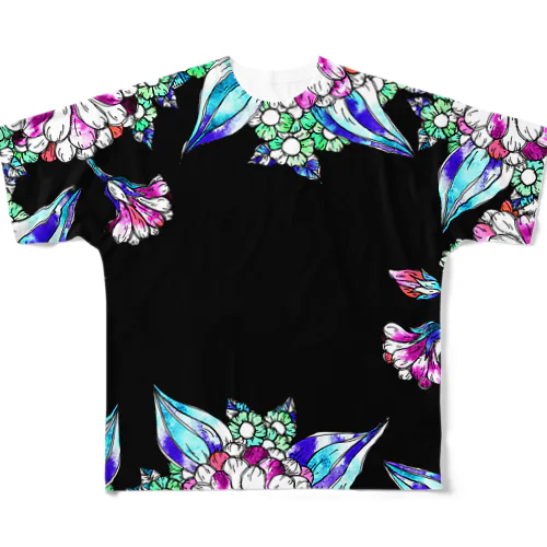 黒と花模様 All-Over Print T-Shirt