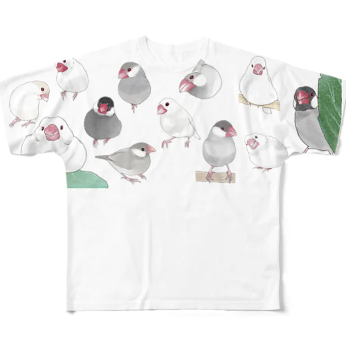 あつまれ文鳥ちゃん【まめるりはことり】 フルグラフィックTシャツ