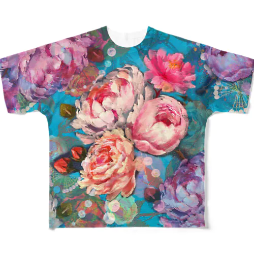 薔薇、芍薬、牡丹のボタニカルブーケと螺鈿模様の壁紙イラスト フルグラフィックTシャツ