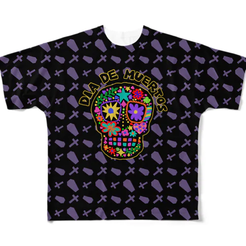 メキシコ風ドクロ Dia de muertos フルグラフィックTシャツ