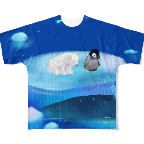 漂流した氷の上でクジラを眺めるしろくまくんとペンギンちゃん All-Over Print T-Shirt