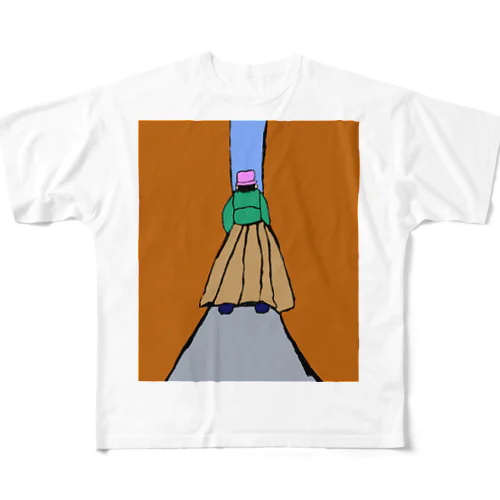 JUNSEN（純仙）路地を歩く女性 フルグラフィックTシャツ