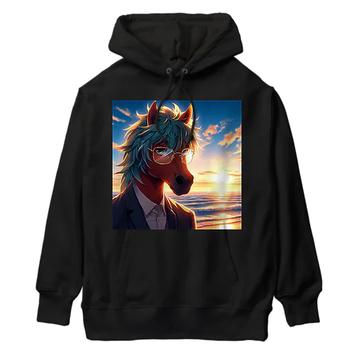 弁護士の馬、夕焼けの浜辺で自撮りする Heavyweight Hoodie