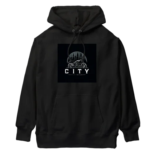 都市とバイクのダークロゴデザイン Heavyweight Hoodie