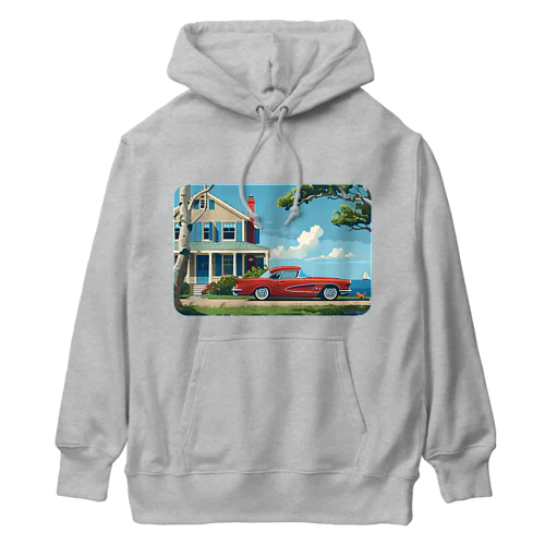 赤いコルベットと海辺の家　－　red corvette and seaside house　－ ヘビーウェイトパーカー