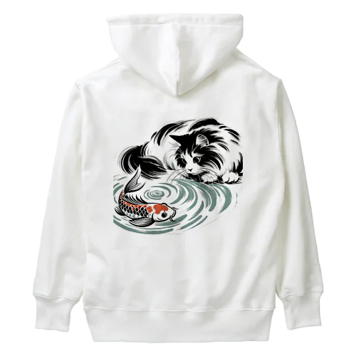 猫と鯉（水墨画風） Heavyweight Hoodie