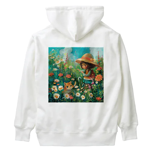 お花畑に囲まれる猫ちゃんと私 アメジスト 2846 Heavyweight Hoodie