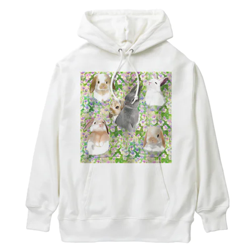 パンジーのお花畑とかわいいうさぎたちのシームレスパターンイラスト Heavyweight Hoodie