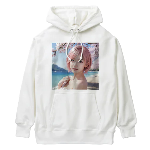 桜と青空と海とピンクの髪の女の子 Heavyweight Hoodie