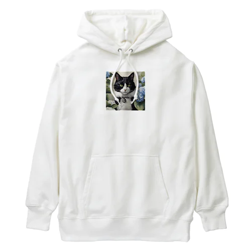 ハチワレ猫白黒と紫陽花 Heavyweight Hoodie