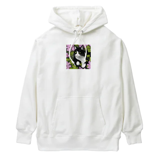 ハチワレ白黒猫とオキザリス Heavyweight Hoodie