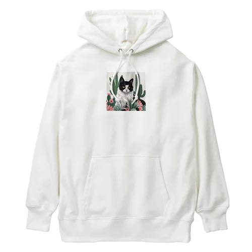 ハチワレ白黒猫とサボテン Heavyweight Hoodie