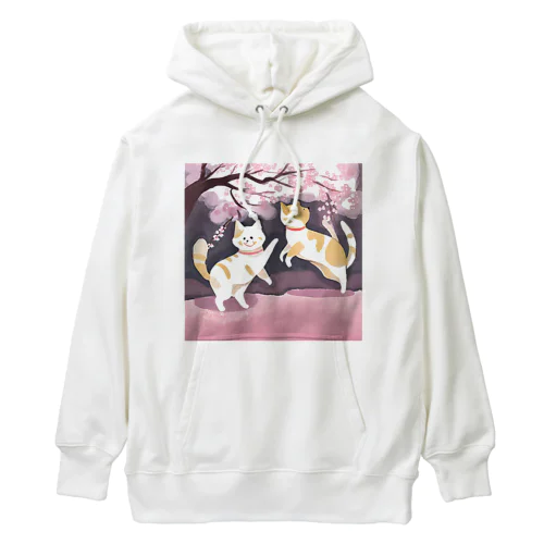 桜で遊ぶ犬と猫 Heavyweight Hoodie