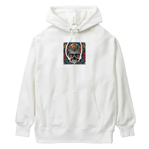 色鮮やかな花々と入り組んだ頭蓋骨のタトゥーデザイン Heavyweight Hoodie