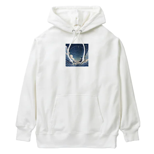 鮮やかな世界に包まれた、幻想的な雲の中をかける少年。風 Heavyweight Hoodie